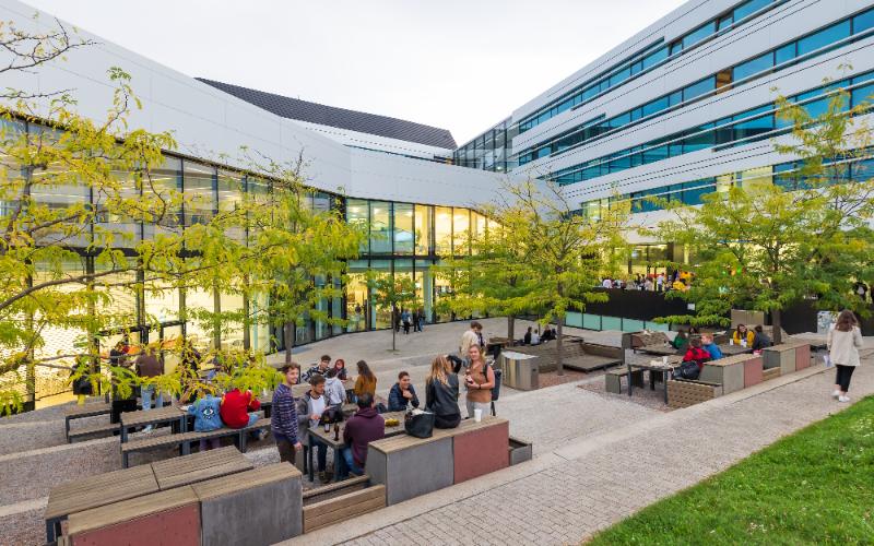Studierende im Mensagarten der Hochschule Campus Wien