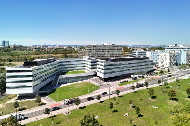 © Hochschule Campus Wien/Maleninsky Eine Luftaufnahme zeigt mehrere moderne Gebäude des Campus der Hochschule Campus Wien. Die Gebäude sind hell gestaltet und von Grünflächen, Wegen und Straßen umgeben. Im Vordergrund sind Rasenflächen und Bäume zu sehen, im Hintergrund erstreckt sich die Stadtlandschaft unter blauem Himmel.