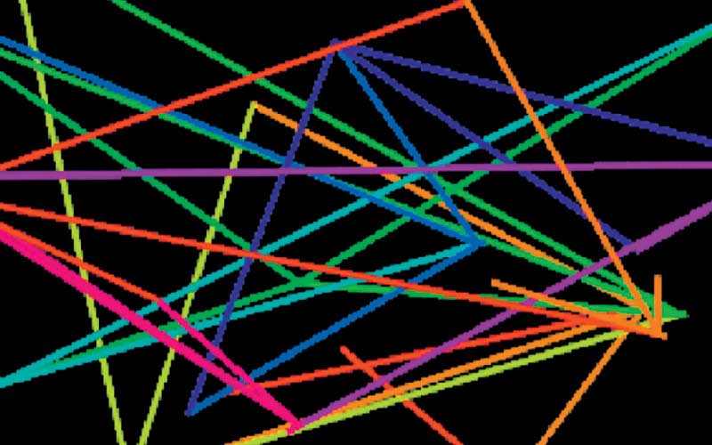 Knallige bunte Linien durschneiden das Bild kreuz und quer. Der Hintergrund ist schwarz.